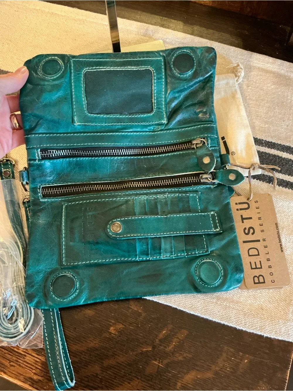 NWT Bed Stu Cadence Wallet Wristlet Crossbody Bag Arctic Teal Driftwood  $179